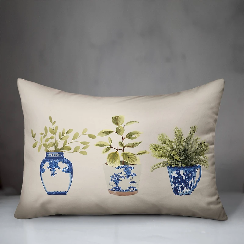 Potted Plants Blue White 14" x 20" Throw Pillow