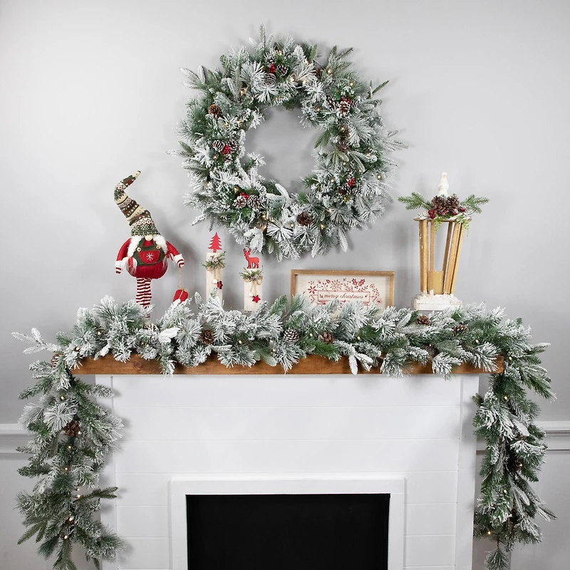 9ft. Pre-Lit Flocked Mixed Rosemary Emerald Pine Christmas Garland