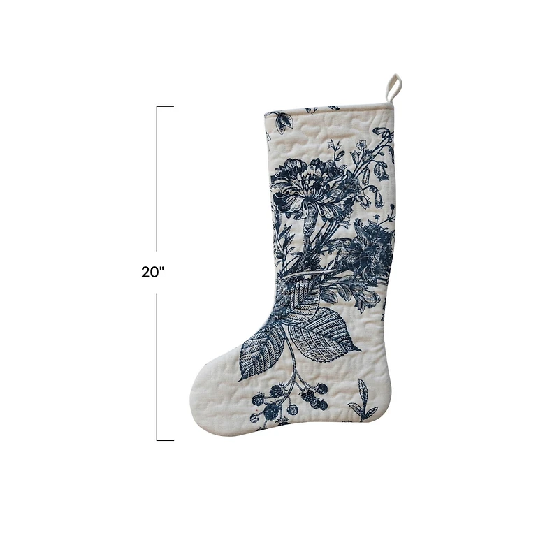 Hello Honey® 20" White & Blue Botanical Print Quilted Cotton Stocking