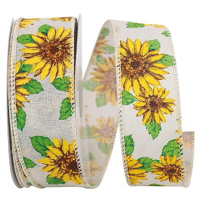 Reliant 1.5" x 20yd. Linen Wired Sunflowers All Around Ribbon