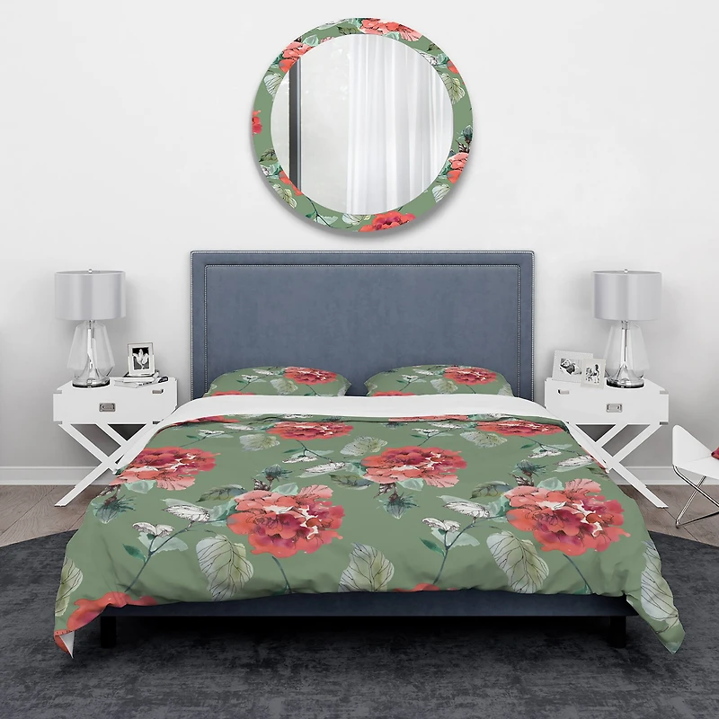 Designart 'Red Flowers in Green Background' Traditional Bedding Set