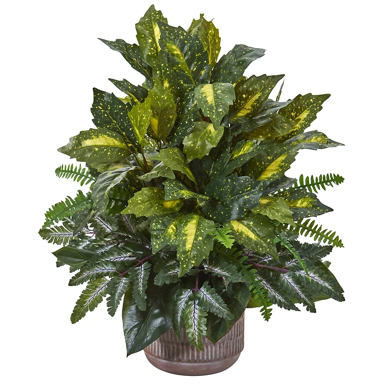 26" Mixed Green Leaf Artificial Plant in Stoneware Planter