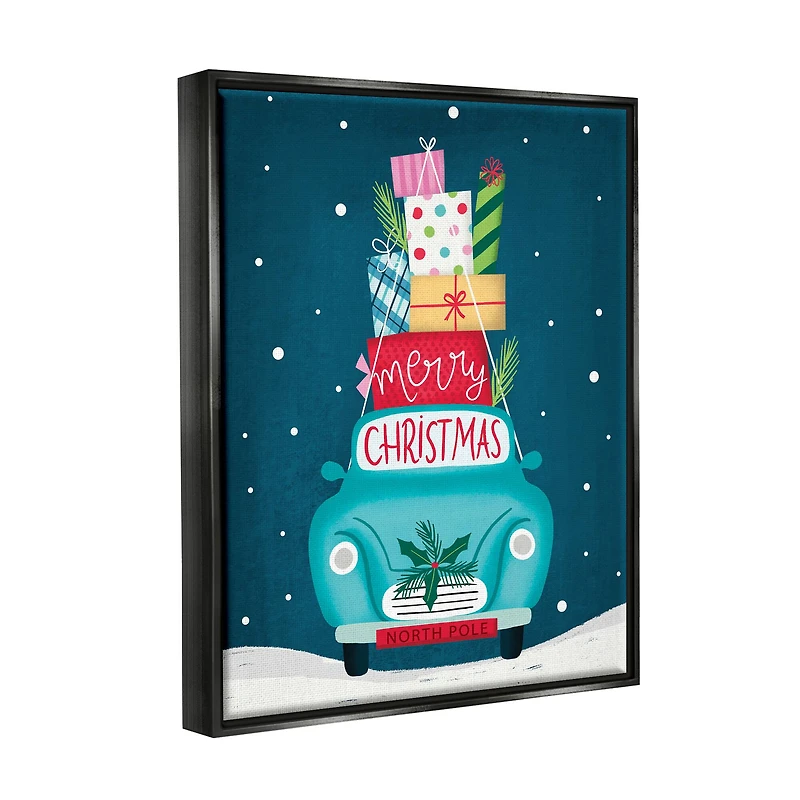 Stupell Industries Merry Christmas Stacked Gifts Car Framed Floater Canvas Wall Art