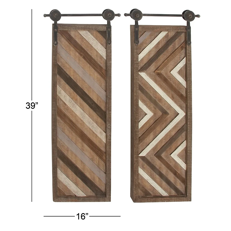 Set of 2 Brown Wood Farmhouse Abstract Wall Decor, 16" x 39"