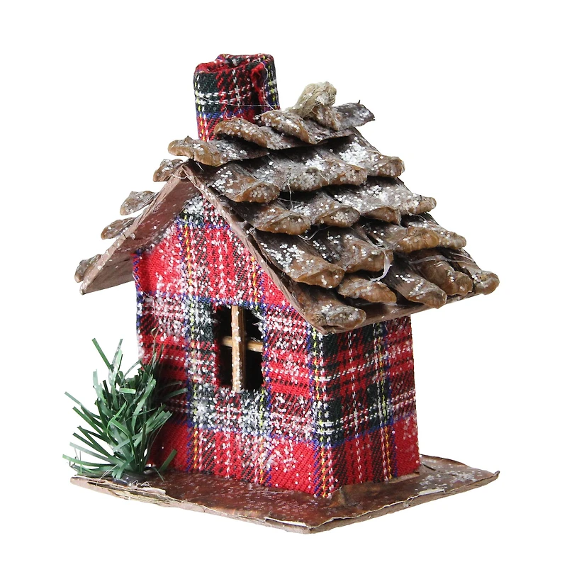 4" Frosted & Glittered Red & Brown Plaid Country Cabin Christmas Ornament