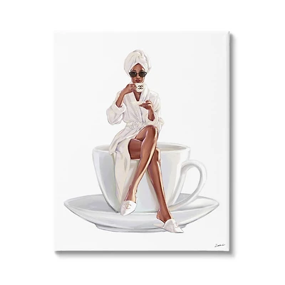 Stupell Industries Chic Coffee Teacup Woman Sipping Robe Sunglasses Canvas Wall Art