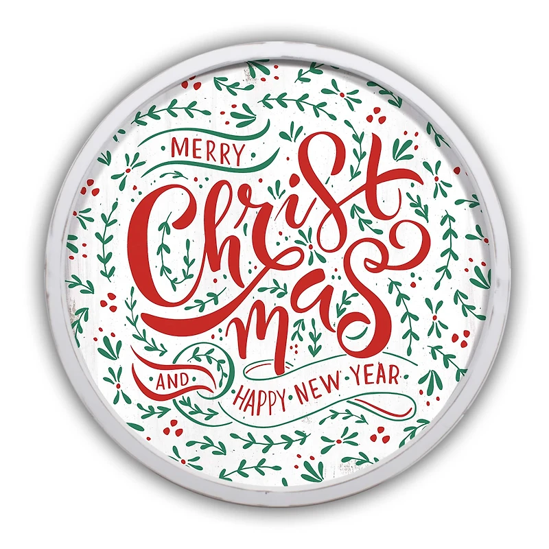 Merry Christmas & Happy New Year Round Wall Art in White Frame