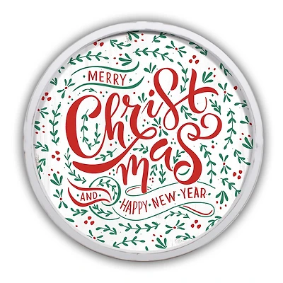 Merry Christmas & Happy New Year Round Wall Art in White Frame