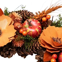 13.25'' Unlit Autumn Harvest Orange Flowers and Gourds Pine Cone Wreath