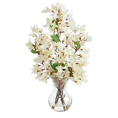 22" Artificial White Bougainvillea Arrangement with Fluted Glass Vase