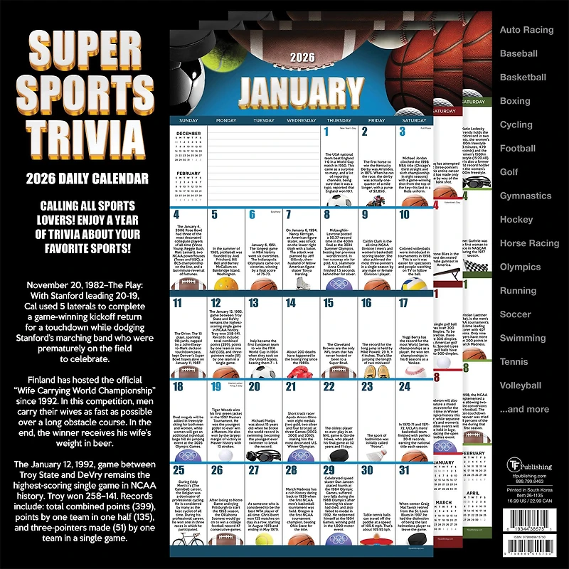 2026 Sports Facts & Trivia Wall Calendar