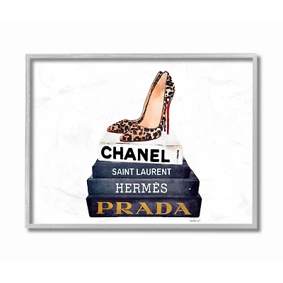 Stupell Industries Glam Fashion Book Set & Leopard Pumps Heels Gray Framed Wall Art