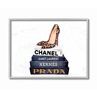 Stupell Industries Glam Fashion Book Set & Leopard Pumps Heels Gray Framed Wall Art