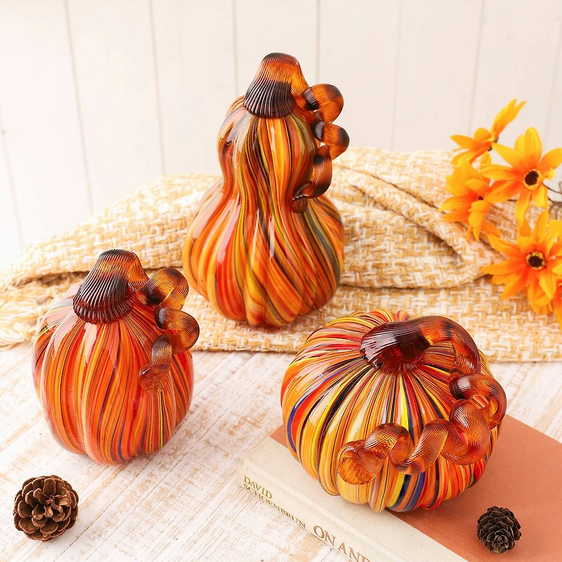 Glitzhome® Multi Striped Glass Pumpkin & Gourd Set