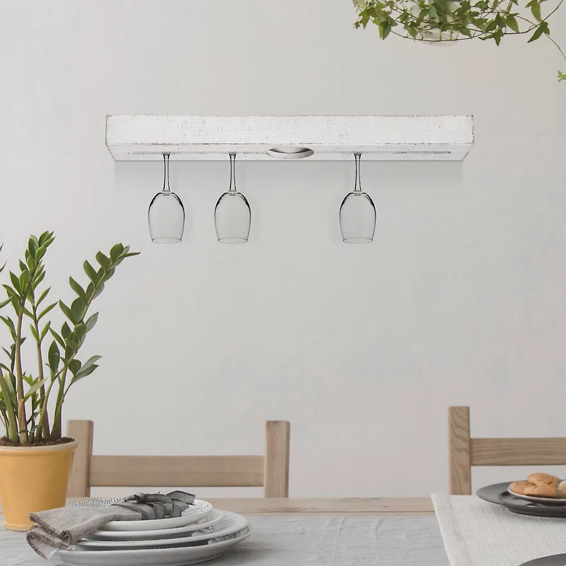 Whitewashed Wooden Wall-Mounted Wine Glass Floating Shelf