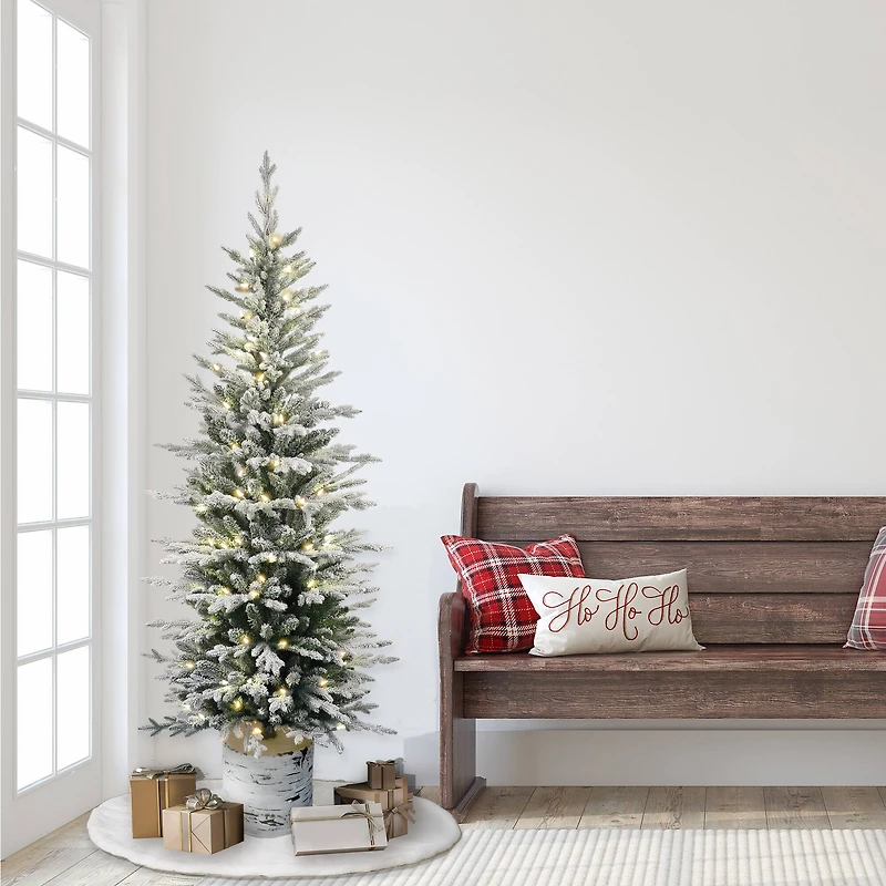 6ft. Pre-Lit Flocked Arctic Fir Pencil Artificial Christmas Tree, Warm White LED Lights