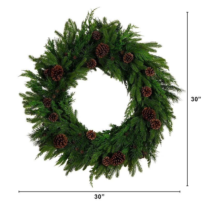 30in. Artificial Norfolk Mixed Pine Wreath with Pinecones