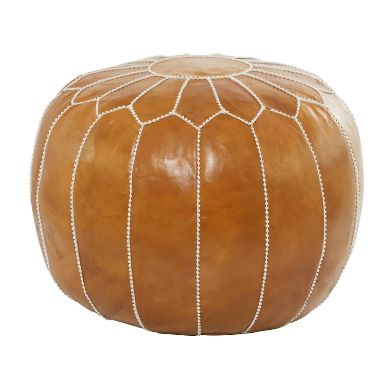 Light Brown Leather Bohemian Pouf, 24" x 24" x 18"