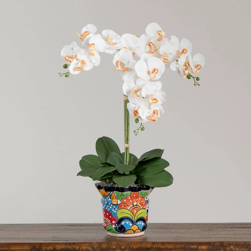 2.25ft. Artificial Triple Orchid Arrangement in Handmade Mexican Talavera Ceramic Planter