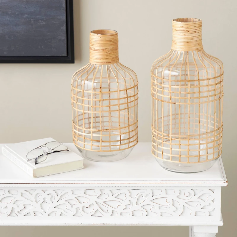 Clear Rattan Grid Wrapped Glass Vase Set
