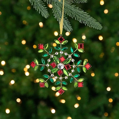 6.5" Green and Red Gem Stone Flowers Snowflake Christmas Ornament