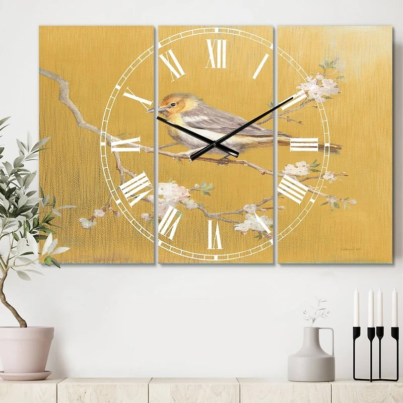 Designart Gold Bird On Blossoms Traditional 3 Panel Wall Clock