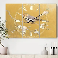 Designart Gold Bird On Blossoms Traditional 3 Panel Wall Clock