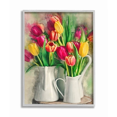 Stupell Industries Colorful Tulip Assortments in Farm Pitchers with Gray Frame Wall Accent