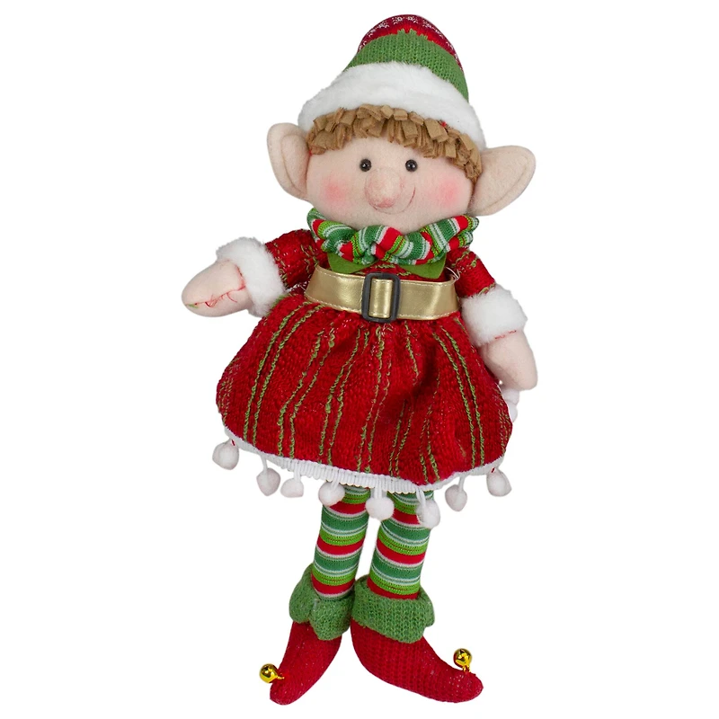 14'' Red and Green Plush Jingle Bell Girl Elf Christmas Figure