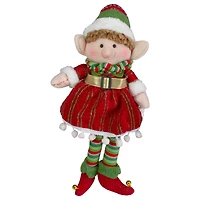 14'' Red and Green Plush Jingle Bell Girl Elf Christmas Figure