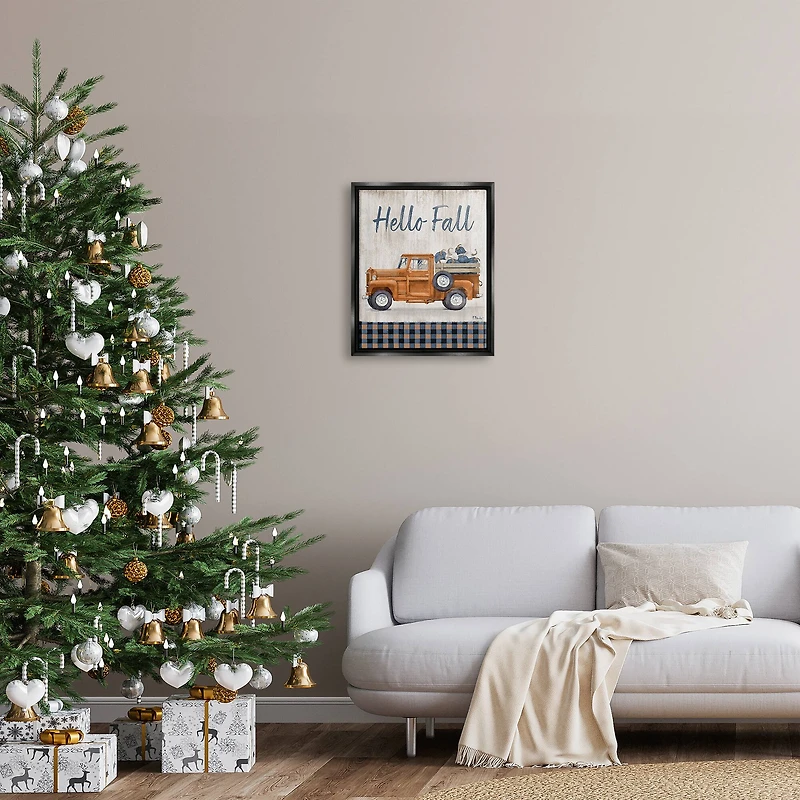 Stupell Industries Hello Fall Plaid Pumpkin Truck Framed Floater Canvas Wall Art