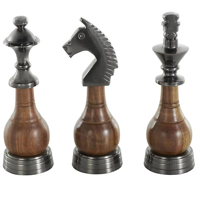 9" Dark Gray & Brown Aluminum & Mango Wood Chess Piece Sculpture Set