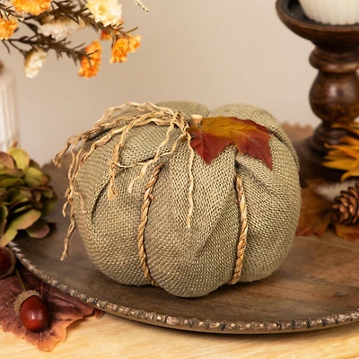 7" Green Burlap Autumn Harvest Tabletop Pumpkin