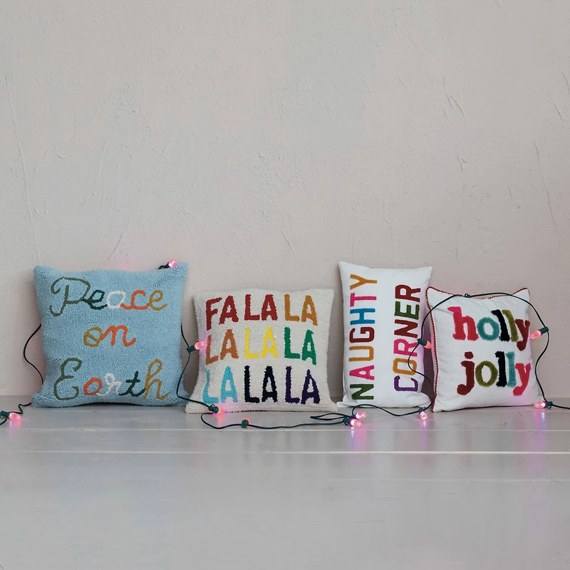 Hello Honey® 16" x 16" Square Holly Jolly Cotton Slub Pillow with Tufting & Pom Pom Trim