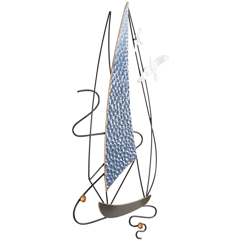 Blue Metal Sailboat Wall Decor with Black Wire Frame and White Bird Accents