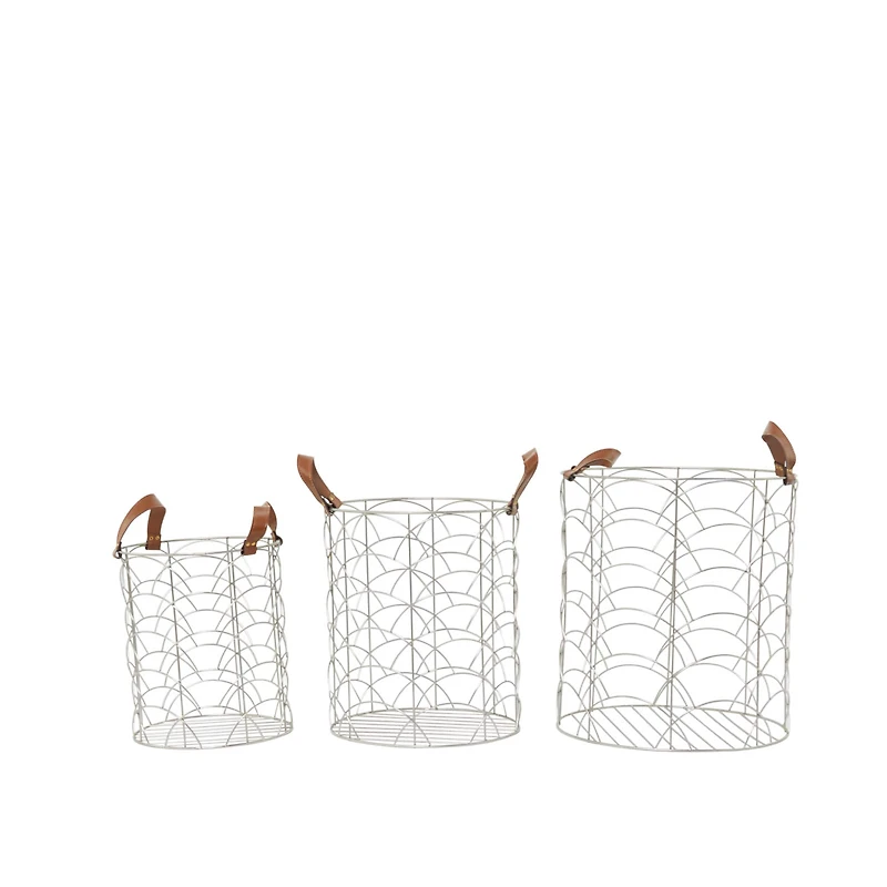 CosmoLiving by Cosmopolitan Silver Metal Storage Basket with Faux Leather Handles Set of 3 16", 14", 12"