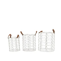 CosmoLiving by Cosmopolitan Silver Metal Storage Basket with Faux Leather Handles Set of 3 16", 14", 12"