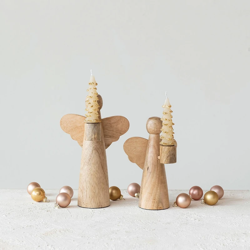 Hello Honey® 8" Natural Mango Wood Angel Taper Candle Holder