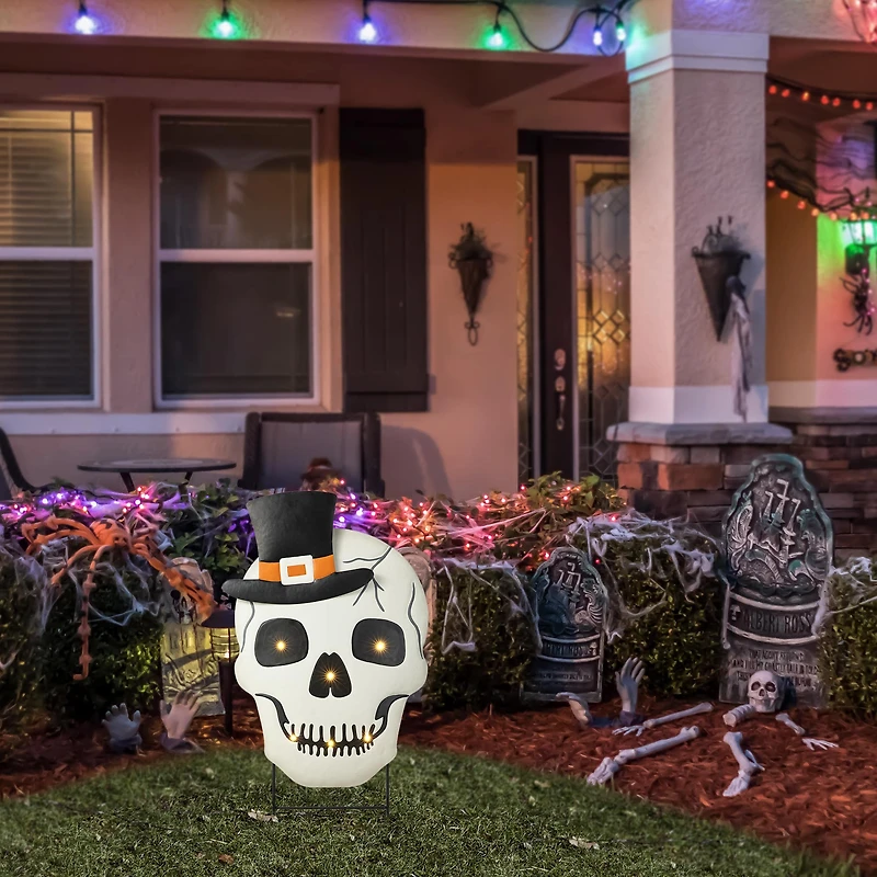 Glitzhome® 38" Lighted Halloween Metal Skull Yard Stake with Timer