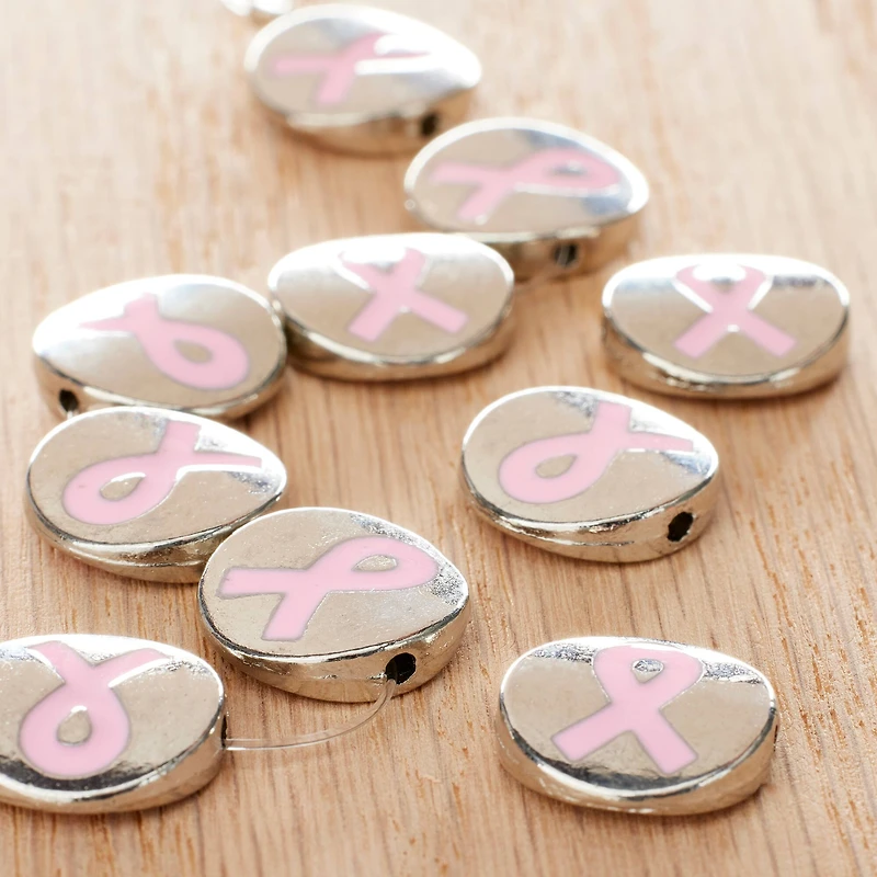 Pink Ribbon Metal Lentil Beads, 14mm by Bead Landing™