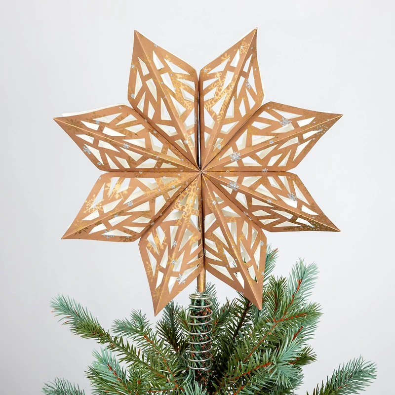 Hello Honey® 14.5" Brown & Gold Decorative Paper Star Tree Topper with Snowflake Pattern