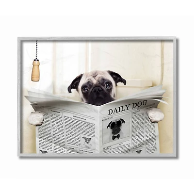 Stupell Industries Pug Reading Newspaper in Bathroom Wall Art in Gray Frame