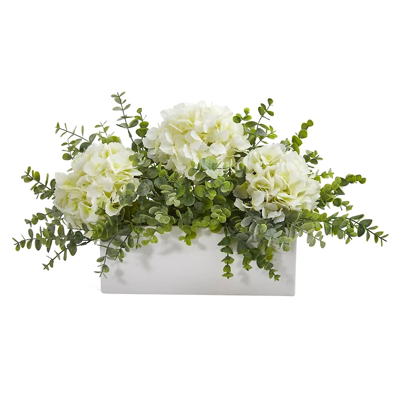 15" Hydrangea & Eucalyptus Artificial Arrangement In White Vase