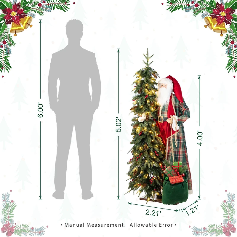 Glitzhome® 4FT Oversized Christmas Woodland Santa with 5FT Lighted Green Artificial Christmas Tree