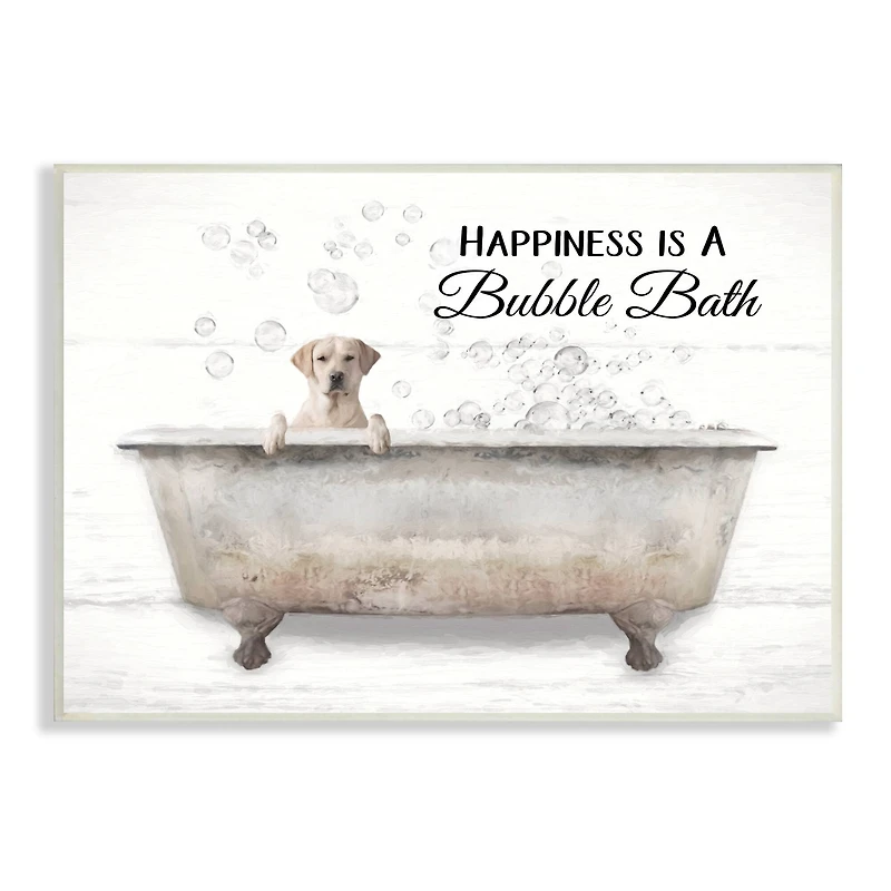 Stupell Industries Happiness Is A Bubble Bath Dog In Tub Word Design Wood Wall Plaque