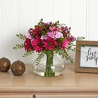 11.5" Pink & Purple Daisy Floral Arrangement in Glass Vase