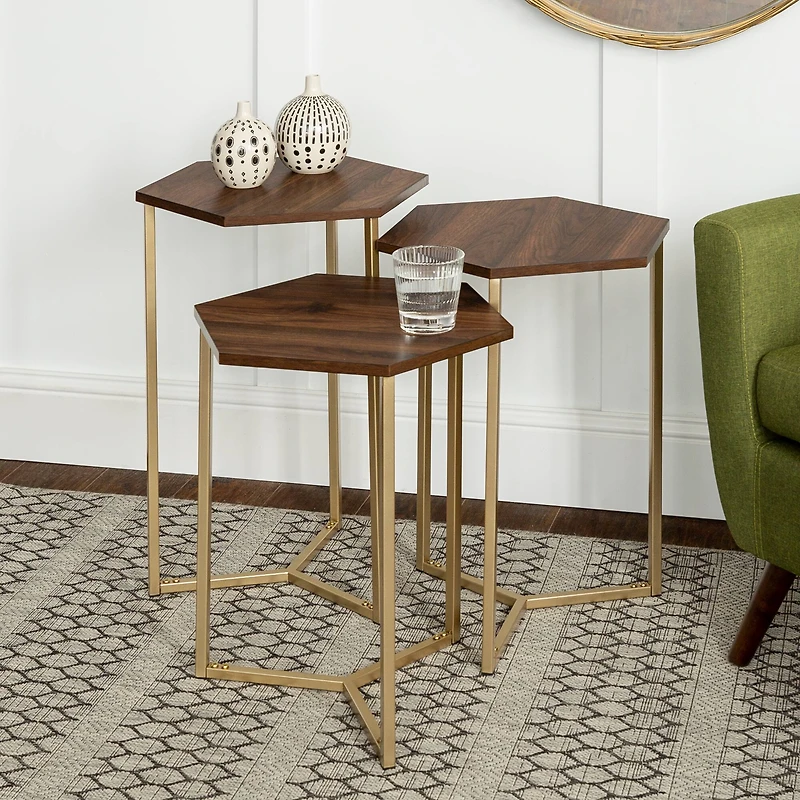 Walker Edison Dark Walnut/Gold Hexagon Modern Nesting Tables Set