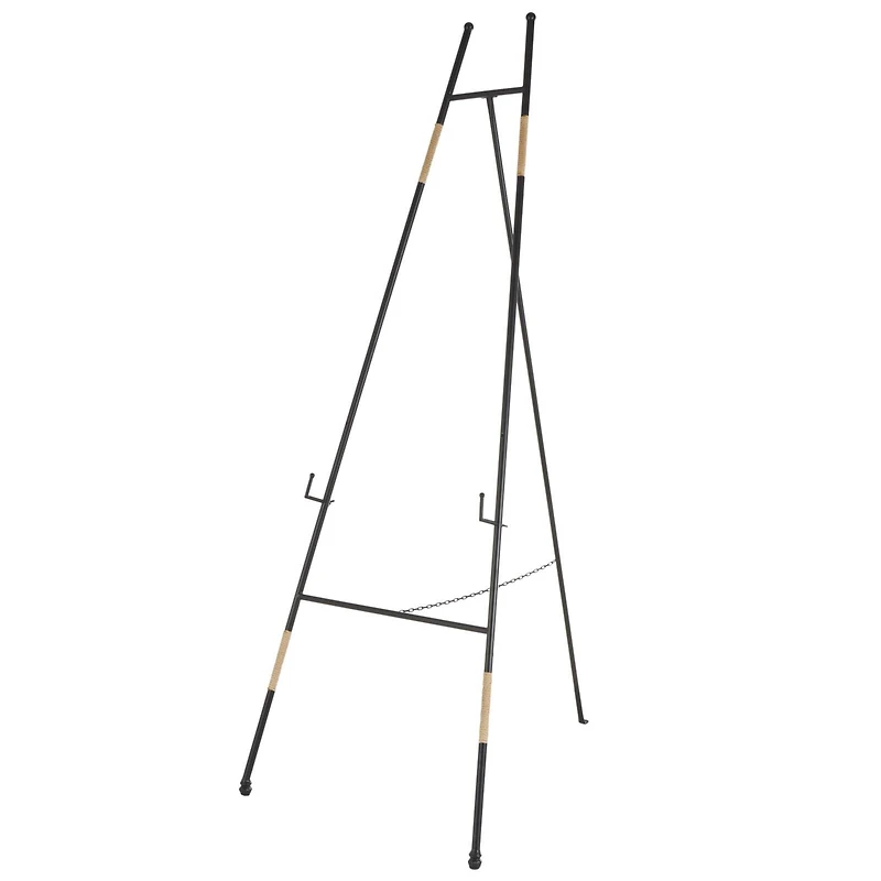 64" Black Metal Slim Foldable 2-Tier Easel with Wrapped Rattan Accents