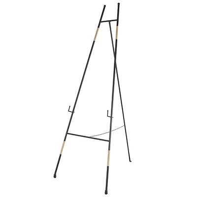 64" Black Metal Slim Foldable 2-Tier Easel with Wrapped Rattan Accents