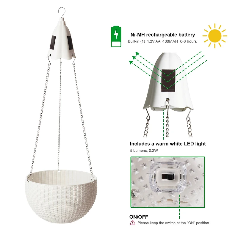 Glitzhome® 30" White Solar Lighted Hanging Plastic Basket Planters, 2ct.